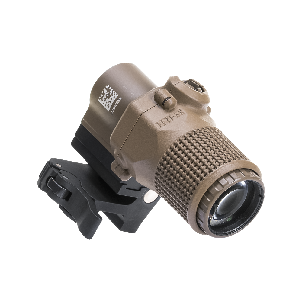 Flat dark earth EOTech G33 magnifier with HRF Concepts AMC Armored Magnifier Cover, featuring a rugged knurled texture for added protection and grip, mounted on a standard flip-to-side magnifier mount for AR-15 rifles