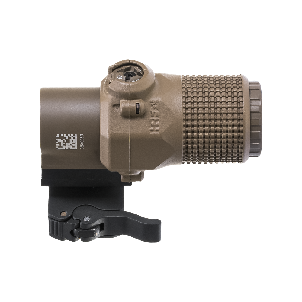 Flat dark earth EOTech G33 magnifier with HRF Concepts AMC Armored Magnifier Cover, featuring a durable knurled texture for protection and grip, mounted on a standard flip-to-side magnifier mount for AR-15 rifle optics