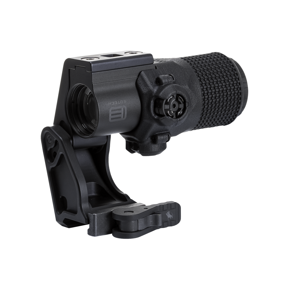 EOTech G33 magnifier with HRF Concepts AMC Armored Magnifier Cover in black, featuring a knurled protective design for improved durability and grip, mounted on a Unity Tactical FTC (Flip-to-Center) magnifier mount for streamlined AR-15 optics transitions