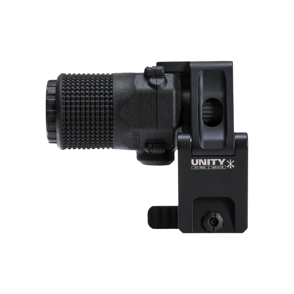 EOTech G33 magnifier with HRF Concepts AMC Armored Magnifier Cover in black, mounted on a Unity Tactical FTC (Flip-to-Center) magnifier mount, showcasing the durable knurled protective cover and streamlined optic transition system for AR-15 platforms