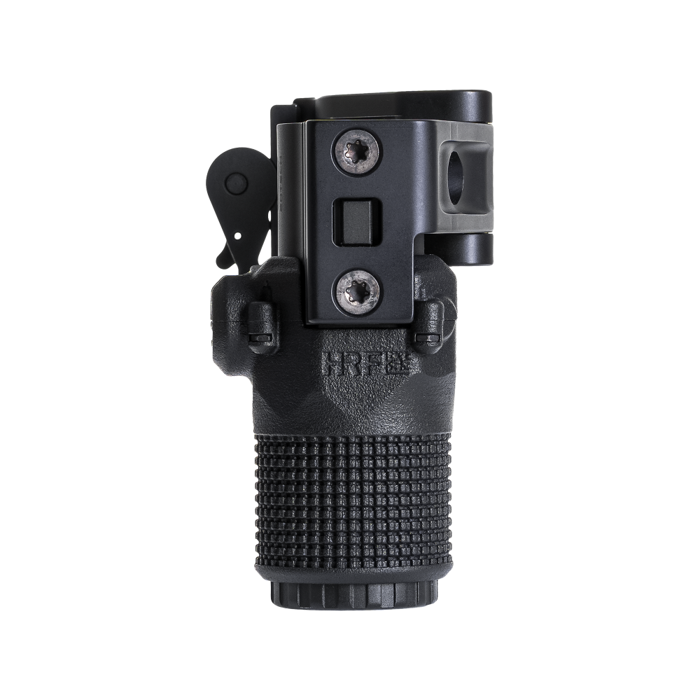 Front view of EOTech G33 magnifier with HRF Concepts AMC Armored Magnifier Cover in black, mounted on a Unity Tactical FTC (Flip-to-Center) mount, highlighting the rugged knurled cover and compact optic transition system for AR-15 rifles