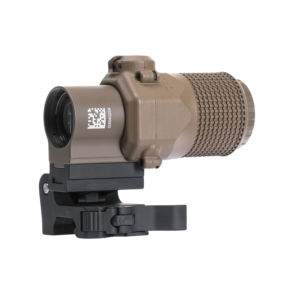 FDE EOTech G33 magnifier with HRF Concepts AMC Armored Magnifier Cover in matching flat dark earth, mounted on a standard flip-to-side magnifier mount, featuring a knurled protective design for enhanced grip and durability on AR-15 rifle setups